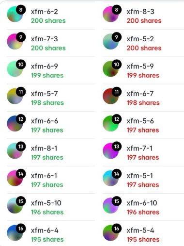 Two side-by-side lists of numbered XFM accounts, each showing a rounded position between 195 and 200 shares. The left list uses green labels and the right list uses red labels.
